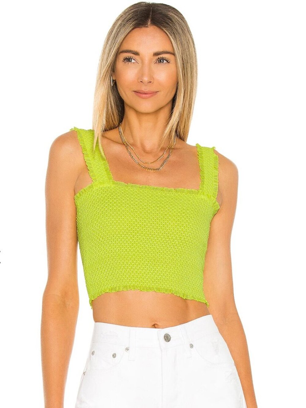 Alice & Olivia Penelope Smocked Ruffle Crop Top in Neon Yellow Green L